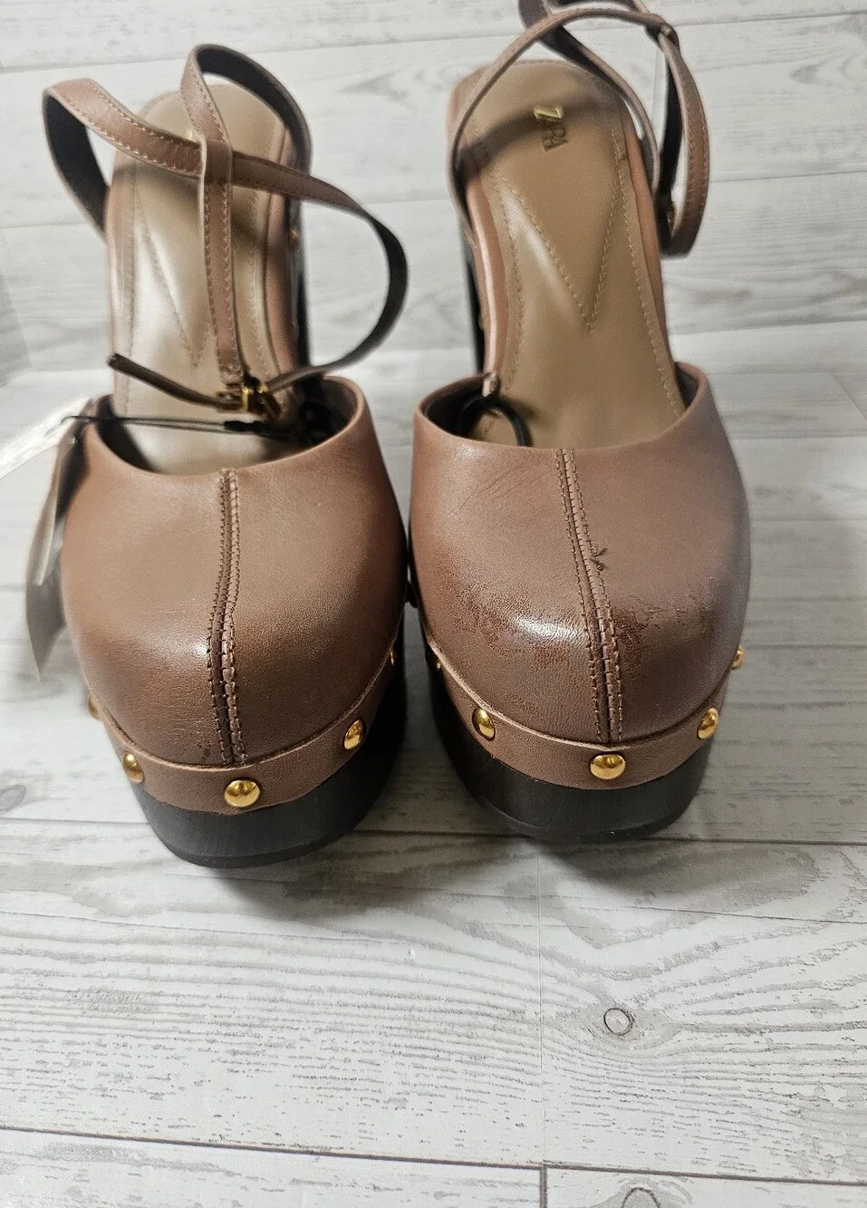 ZARA New Brown Leather Faux Wood Studded Platform Pumps Heels NWT Size 7.5